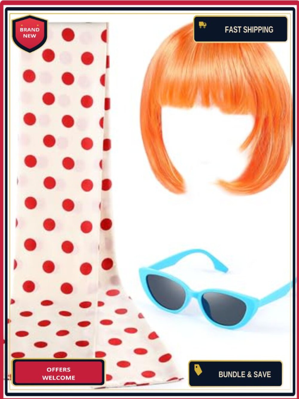 3 Pc Halloween Secret Agent Costume Kit Wig Glasses Scarf